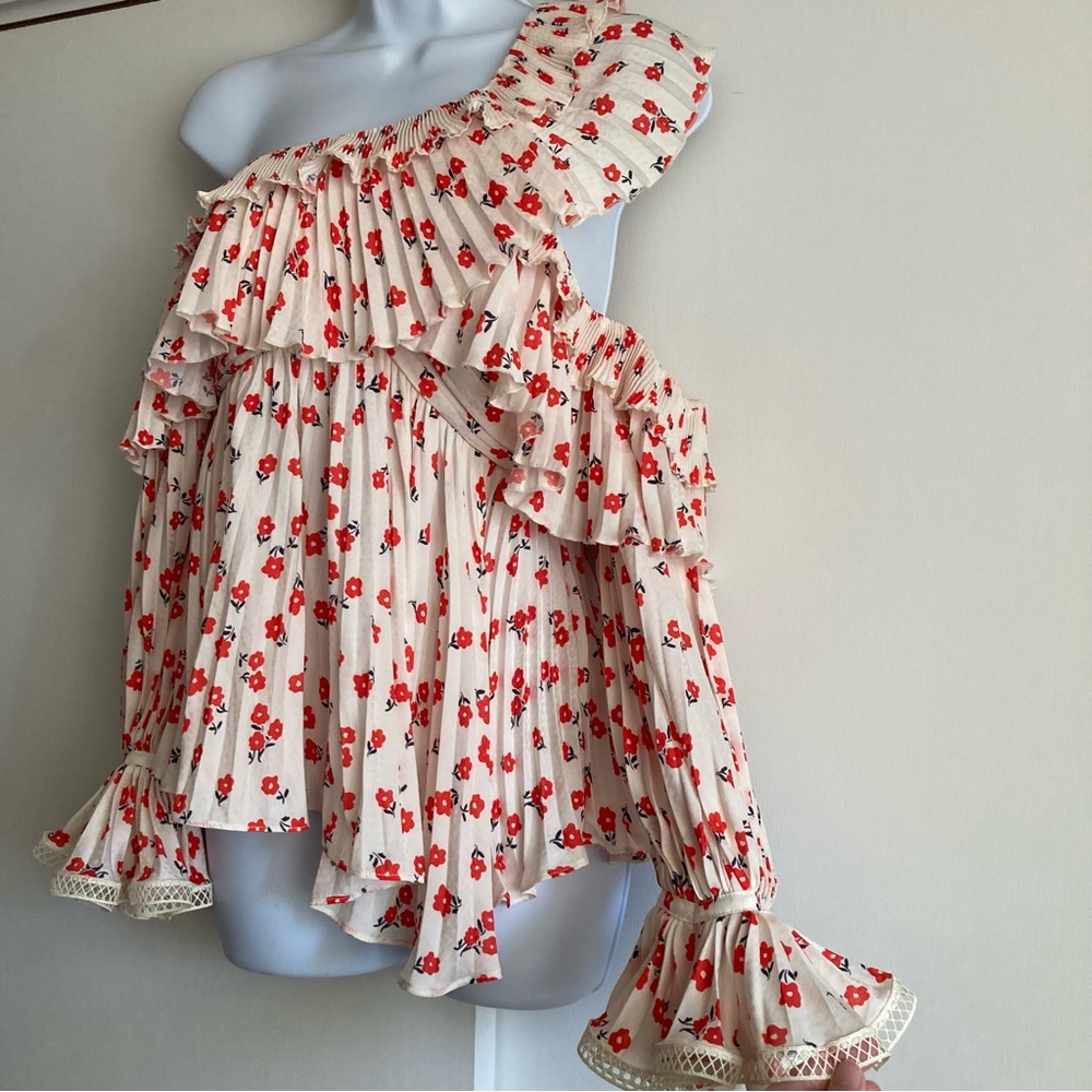 Self-Portrait Ditsy Floral Print One Shoulder Blouse, Sz 2 - Picture 6 of 16
